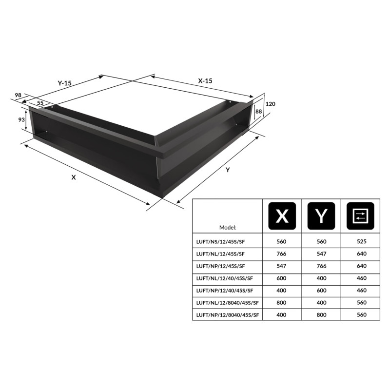 Камінна решітка Kratki LUFT кутова чорна 56x56x12 Slim