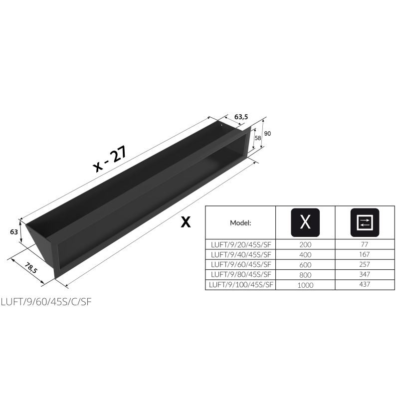 Камінна решітка Kratki LUFT Slim чорна 9x60